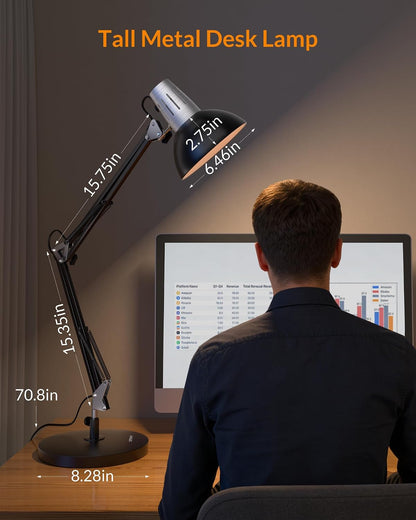 Metal Adjustable Desk Lamp with Clamp, Swing Arm for Home Office