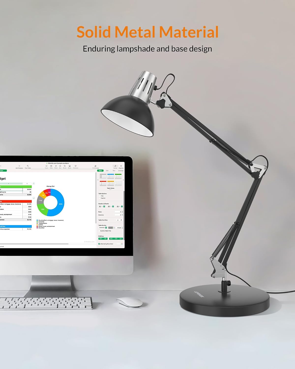 Metal Adjustable Desk Lamp with Clamp, Swing Arm for Home Office