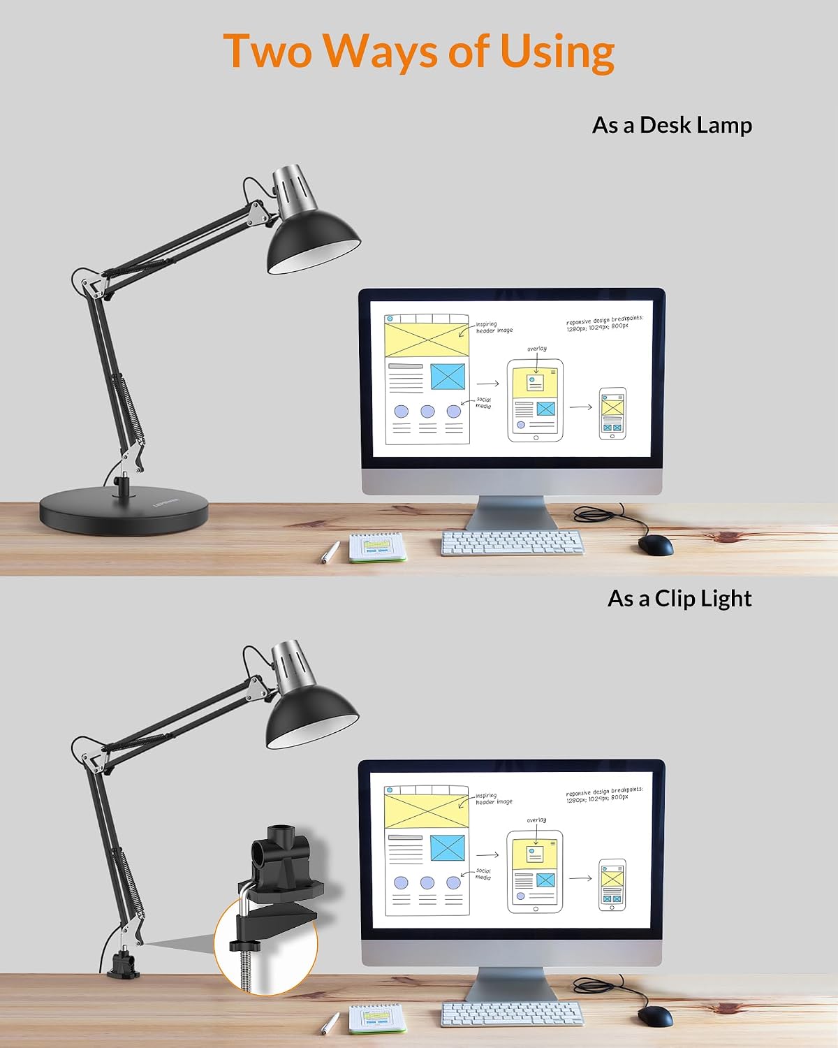 Metal Adjustable Desk Lamp with Clamp, Swing Arm for Home Office