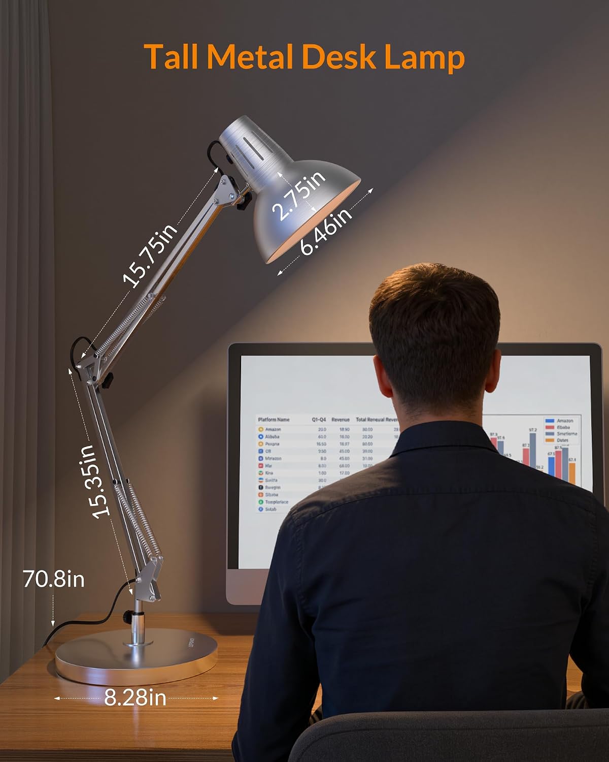 Metal Adjustable Desk Lamp with Clamp, Swing Arm for Home Office