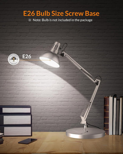 Metal Adjustable Desk Lamp with Clamp, Swing Arm for Home Office