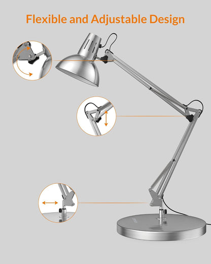 Metal Adjustable Desk Lamp with Clamp, Swing Arm for Home Office