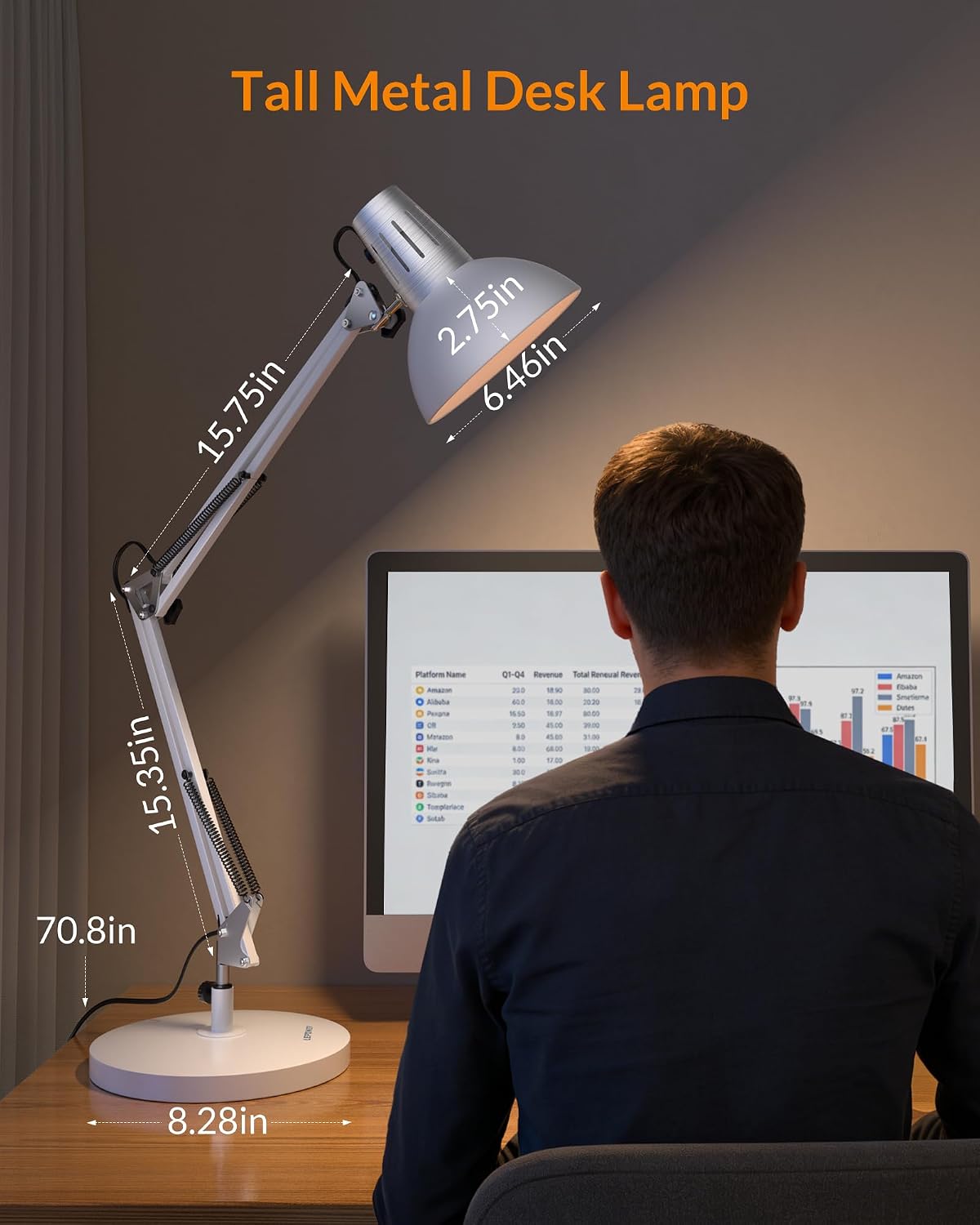 Metal Adjustable Desk Lamp with Clamp, Swing Arm for Home Office