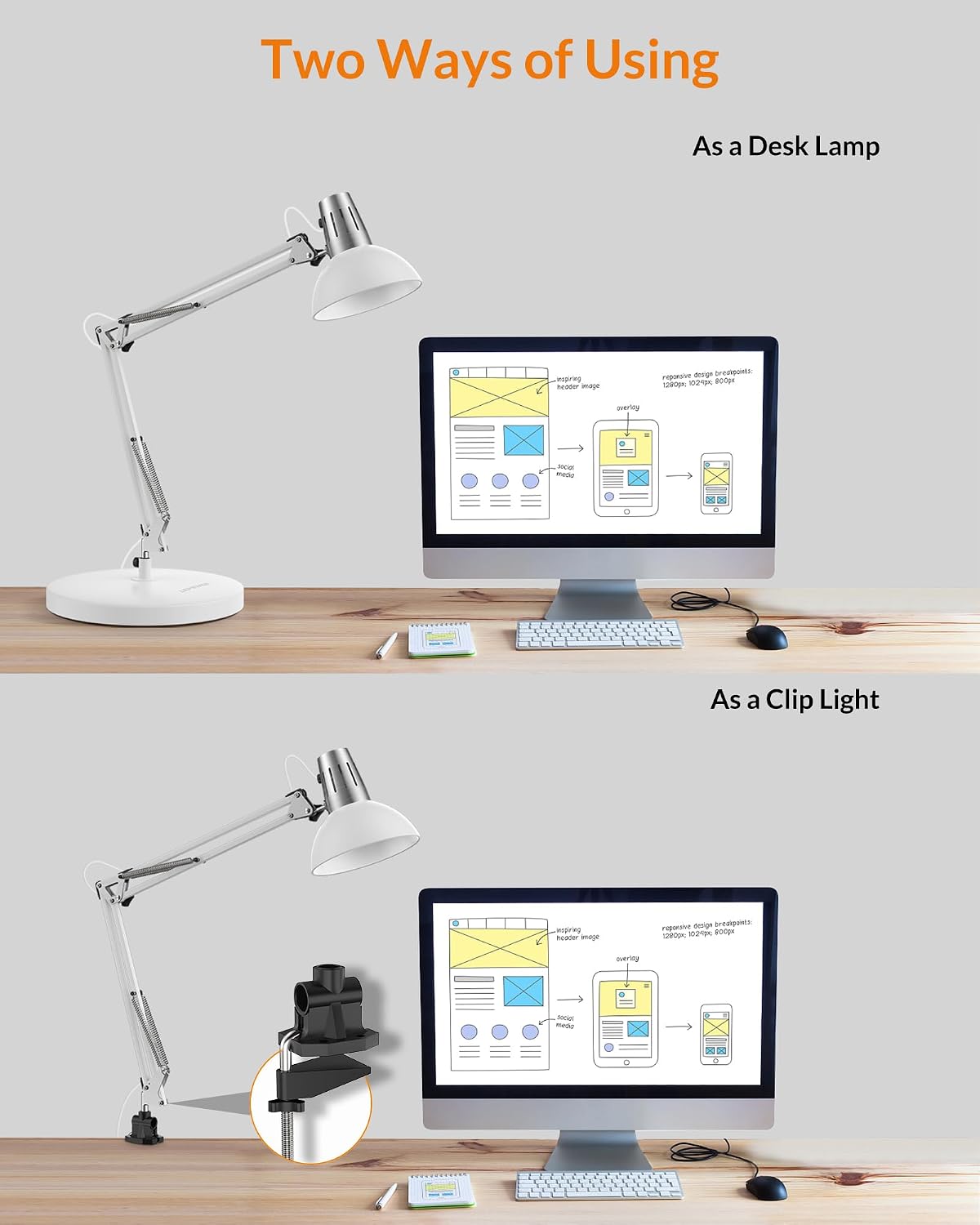 Metal Adjustable Desk Lamp with Clamp, Swing Arm for Home Office