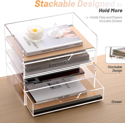 Acrylic Desk Organize with Drawer, Stackable File Organizer, 2-Tier