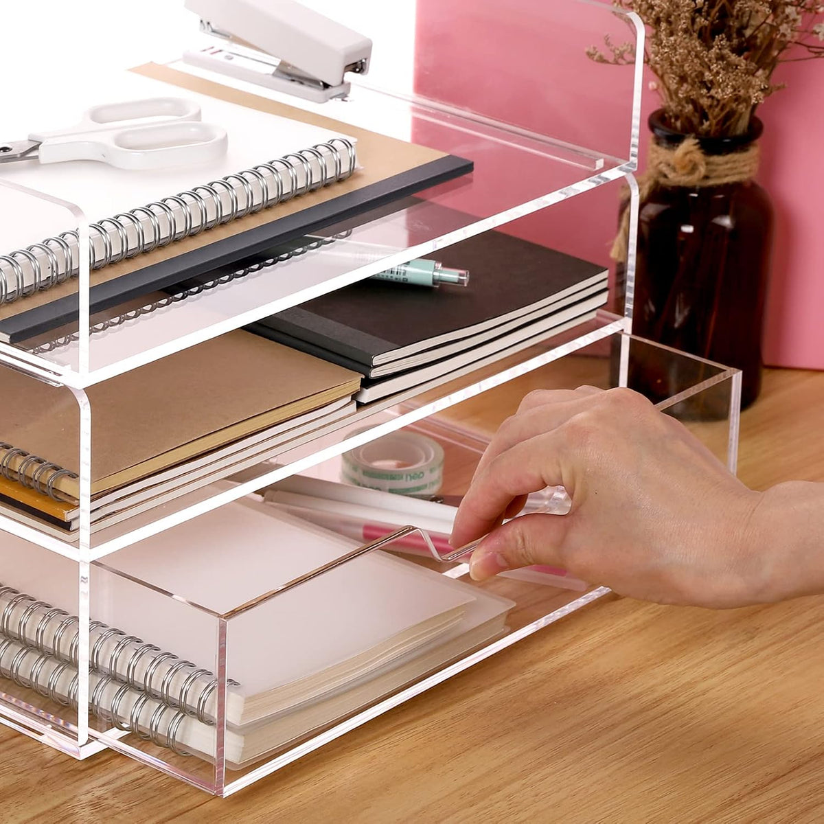 Acrylic Desk Organize with Drawer, Stackable File Organizer, 2-Tier