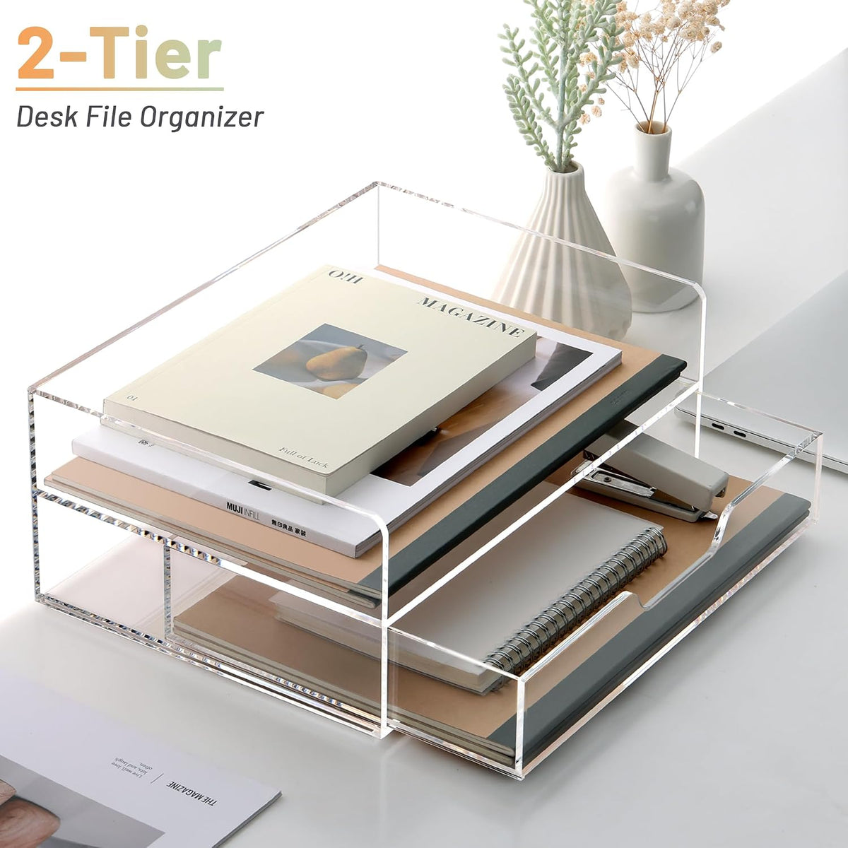 Acrylic Desk Organize with Drawer, Stackable File Organizer, 2-Tier