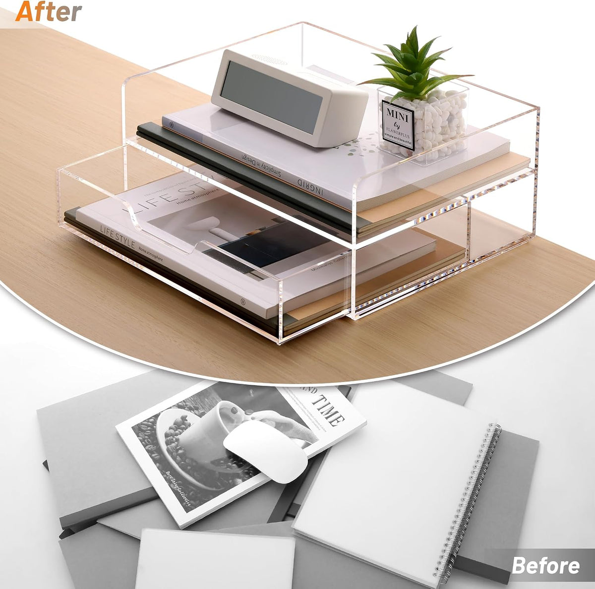 Acrylic Desk Organize with Drawer, Stackable File Organizer, 2-Tier