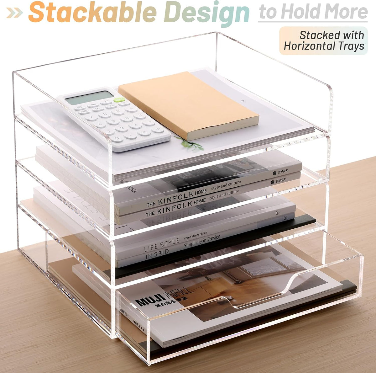 Acrylic Desk Organize with Drawer, Stackable File Organizer, 2-Tier
