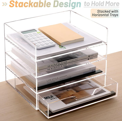 Acrylic Desk Organize with Drawer, Stackable File Organizer, 2-Tier