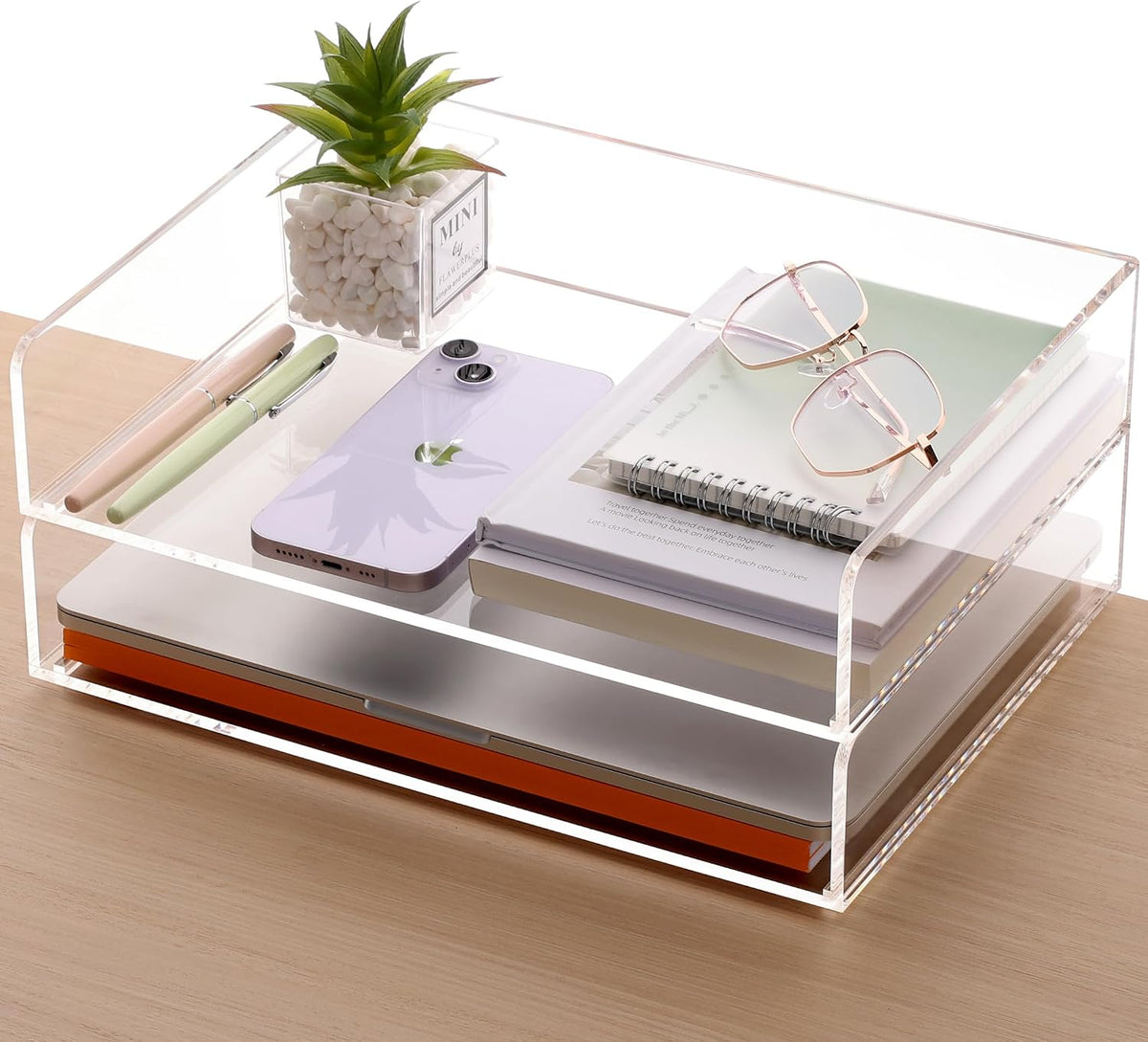 Acrylic Desk Organize with Drawer, Stackable File Organizer, 2-Tier