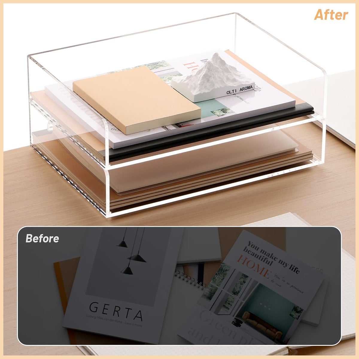 Acrylic Desk Organize with Drawer, Stackable File Organizer, 2-Tier