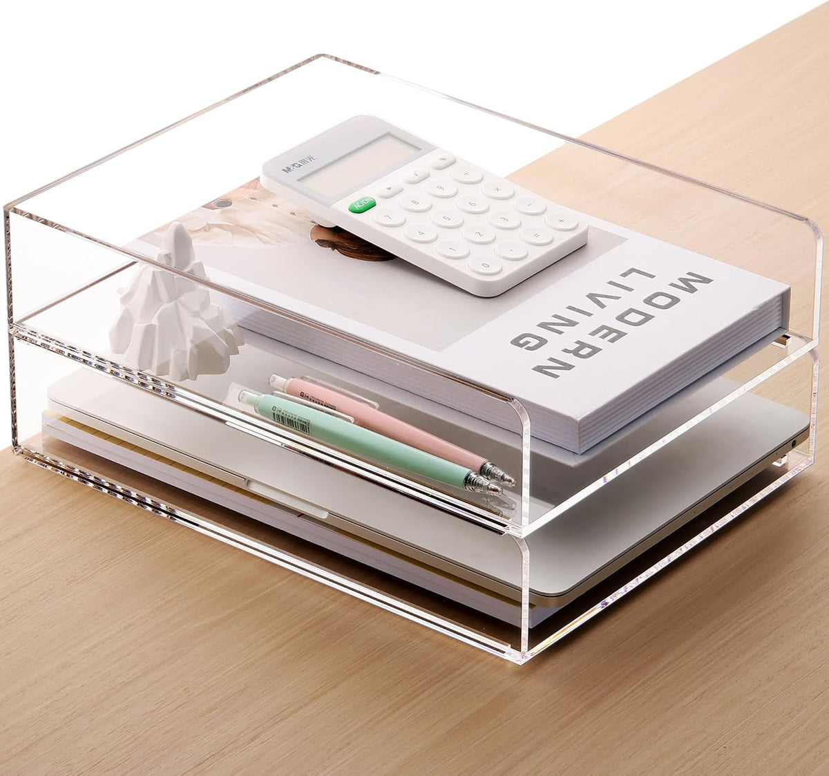 Acrylic Desk Organize with Drawer, Stackable File Organizer, 2-Tier