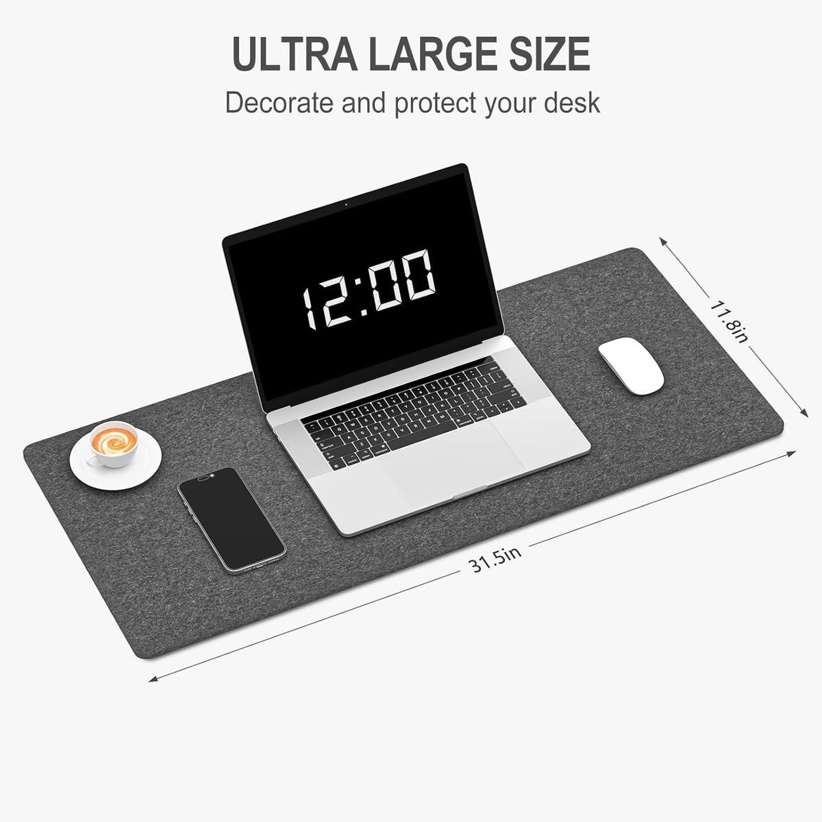 Felt Desk Mat, Minimalist Large Mouse Pad XL 31.5 x 11.8 in, Desk Matt for Desktop, Keyboard, Laptop, Computer, Office, Work from Home, Gaming, Gray