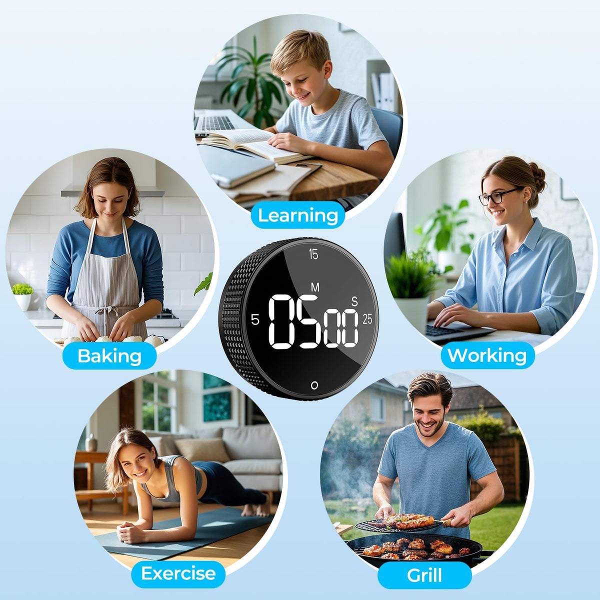 Digital Magnetic Kitchen Timer for Cooking, Large LED Countdown Timer, Rotating Pomodoro Timer, Volume Adjustable, 5/15/25 Min Presets for Kitchen Classroom Grilling Studying