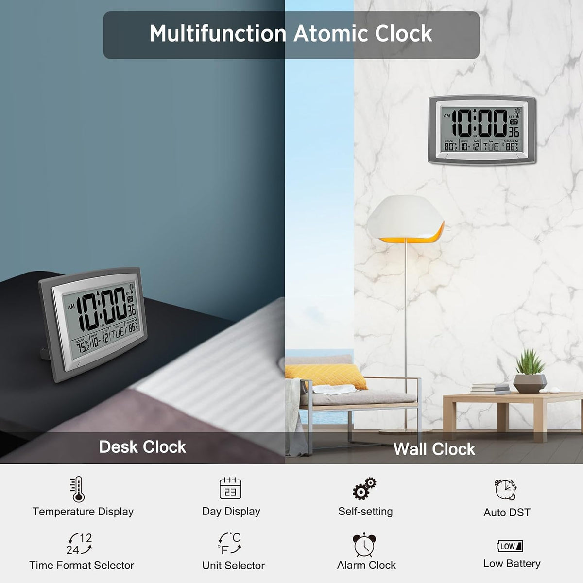 Atomic Clock 12.5 Inch Self-Setting Digital Wall Clock