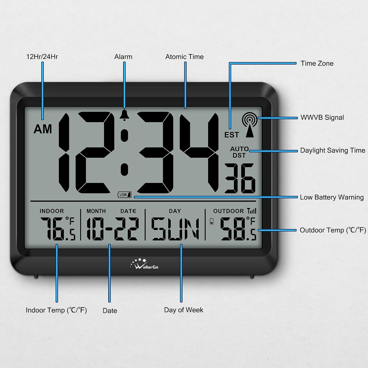 Atomic Clock 12.5 Inch Self-Setting Digital Wall Clock