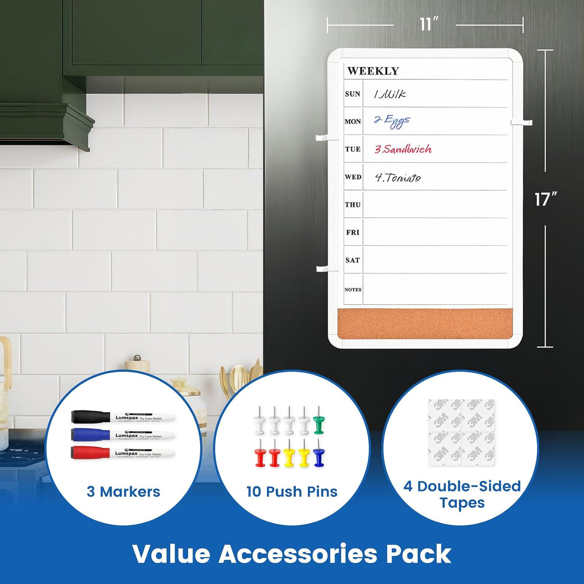 Weekly Whiteboard Calendar for Wall, Small 11" x 17" Planning Board with Plastic Frame, Hanging Dry Erase Calendar for Kitchen Planner, Home, Office