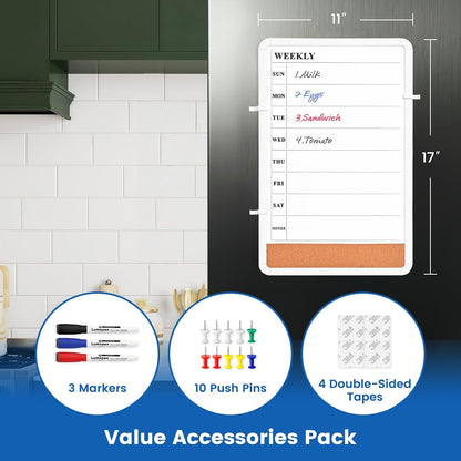 Weekly Whiteboard Calendar for Wall, Small 11" x 17" Planning Board with Plastic Frame, Hanging Dry Erase Calendar for Kitchen Planner, Home, Office