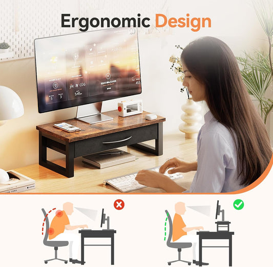 Computer Monitor Stand Riser with Drawer, 2-Tier Desk Accessories & Workspace Organizers, Laptop Stand for Desk with Storage, Office Organization, Wood