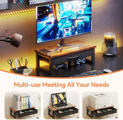 Computer Monitor Stand Riser with Drawer, 2-Tier Desk Accessories & Workspace Organizers, Laptop Stand for Desk with Storage, Office Organization, Wood
