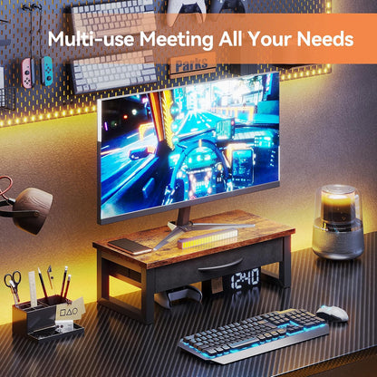 Computer Monitor Stand Riser with Drawer, 2-Tier Desk Accessories & Workspace Organizers, Laptop Stand for Desk with Storage, Office Organization, Wood