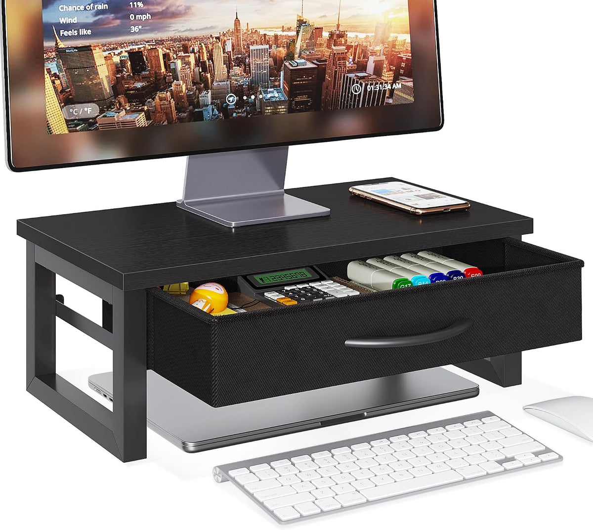 Computer Monitor Stand Riser with Drawer, 2-Tier Desk Accessories & Workspace Organizers, Laptop Stand for Desk with Storage, Office Organization, Wood