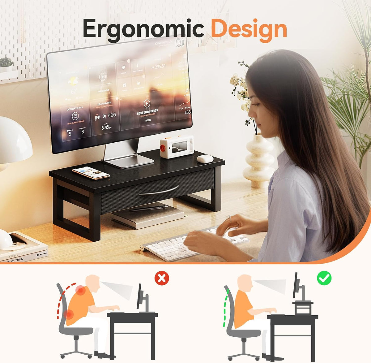 Computer Monitor Stand Riser with Drawer, 2-Tier Desk Accessories & Workspace Organizers, Laptop Stand for Desk with Storage, Office Organization, Wood