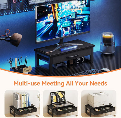 Computer Monitor Stand Riser with Drawer, 2-Tier Desk Accessories & Workspace Organizers, Laptop Stand for Desk with Storage, Office Organization, Wood