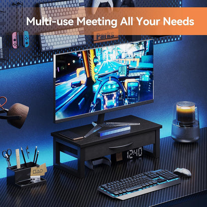 Computer Monitor Stand Riser with Drawer, 2-Tier Desk Accessories & Workspace Organizers, Laptop Stand for Desk with Storage, Office Organization, Wood