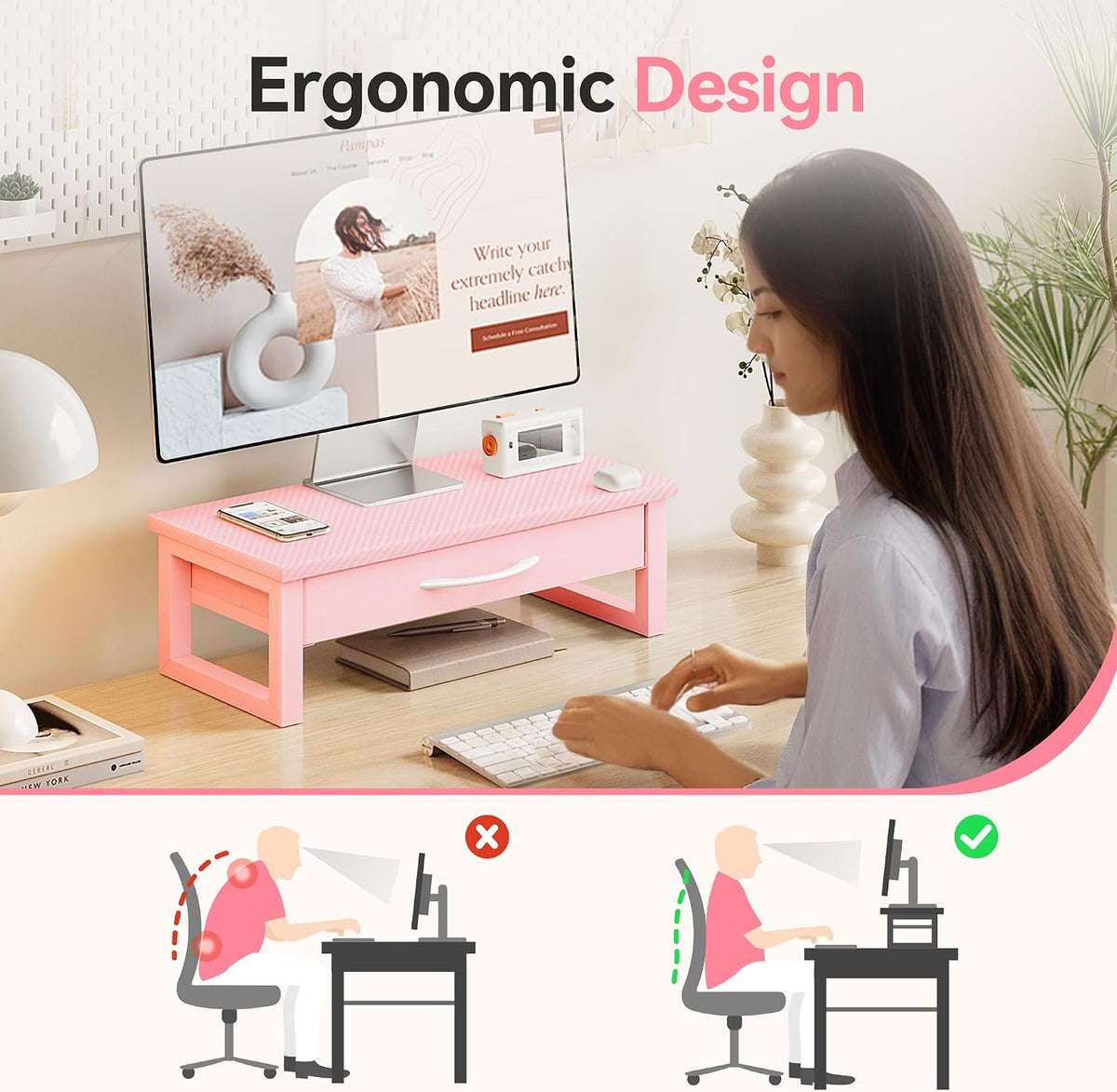 Computer Monitor Stand Riser with Drawer, 2-Tier Desk Accessories & Workspace Organizers, Laptop Stand for Desk with Storage, Office Organization, Wood