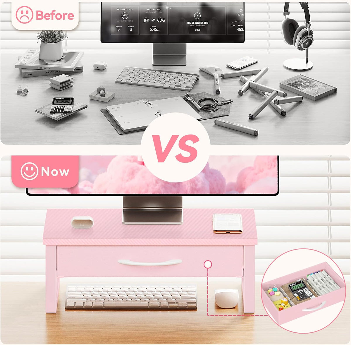 Computer Monitor Stand Riser with Drawer, 2-Tier Desk Accessories & Workspace Organizers, Laptop Stand for Desk with Storage, Office Organization, Wood