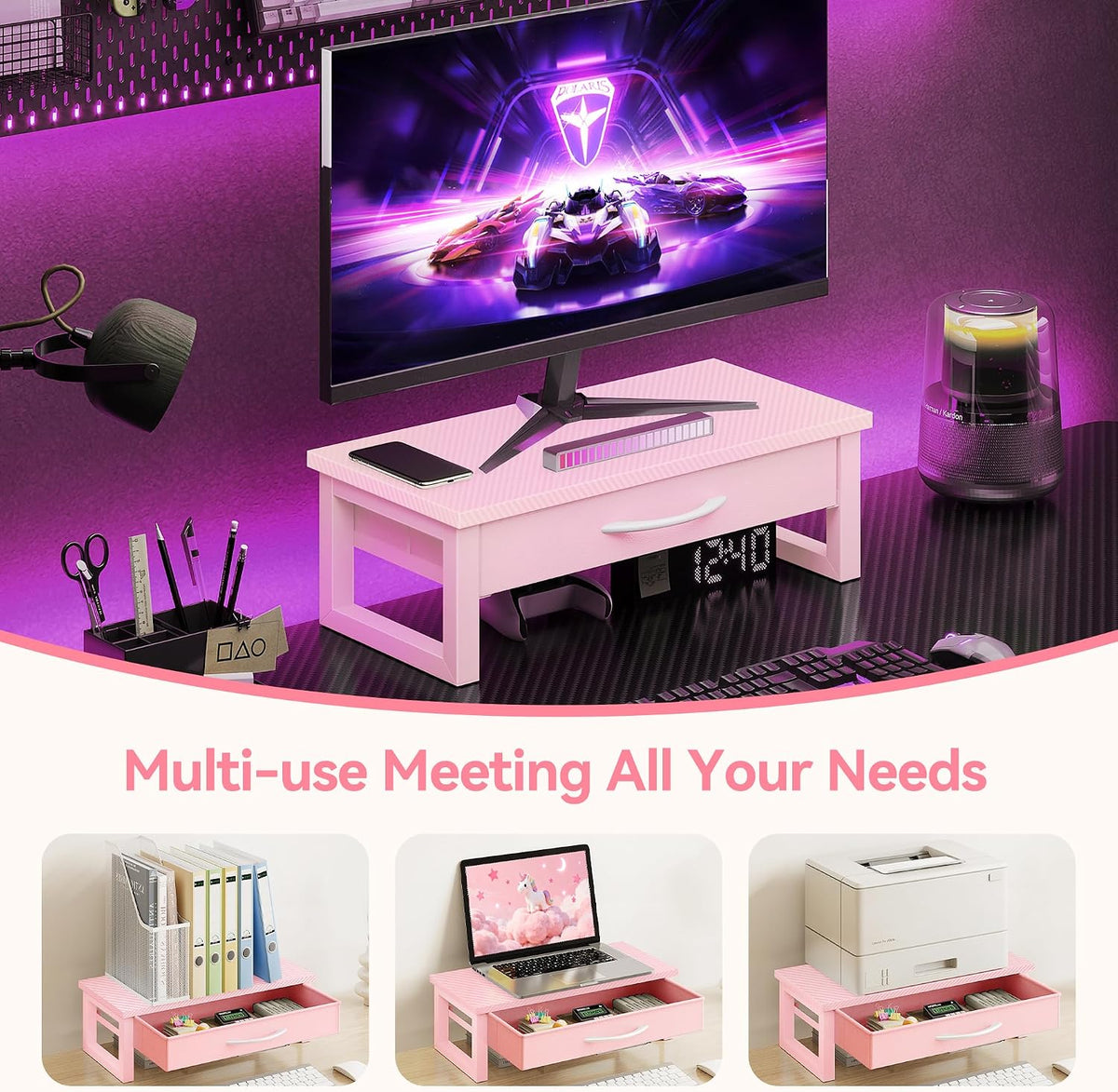 Computer Monitor Stand Riser with Drawer, 2-Tier Desk Accessories & Workspace Organizers, Laptop Stand for Desk with Storage, Office Organization, Wood