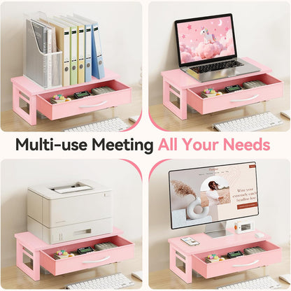 Computer Monitor Stand Riser with Drawer, 2-Tier Desk Accessories & Workspace Organizers, Laptop Stand for Desk with Storage, Office Organization, Wood