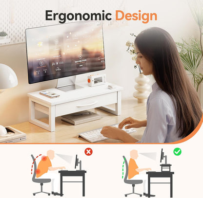 Computer Monitor Stand Riser with Drawer, 2-Tier Desk Accessories & Workspace Organizers, Laptop Stand for Desk with Storage, Office Organization, Wood