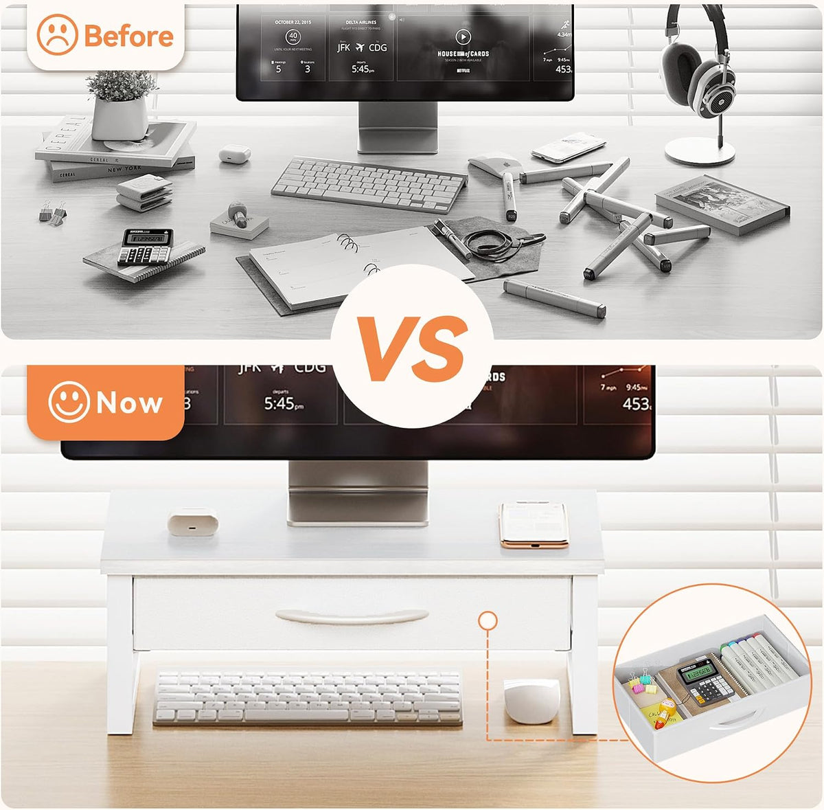 Computer Monitor Stand Riser with Drawer, 2-Tier Desk Accessories & Workspace Organizers, Laptop Stand for Desk with Storage, Office Organization, Wood