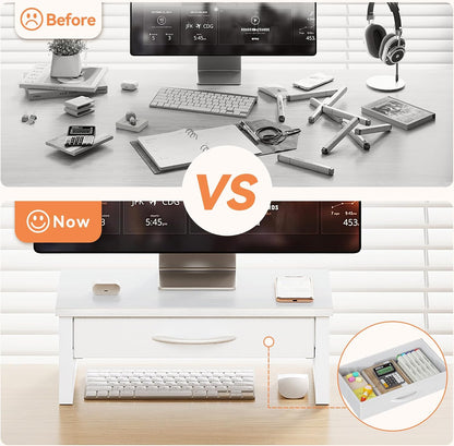 Computer Monitor Stand Riser with Drawer, 2-Tier Desk Accessories & Workspace Organizers, Laptop Stand for Desk with Storage, Office Organization, Wood