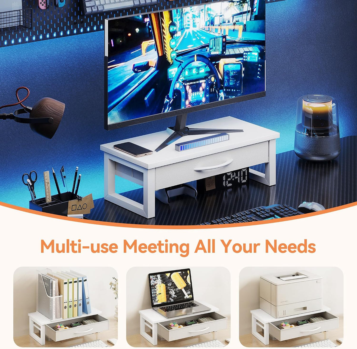 Computer Monitor Stand Riser with Drawer, 2-Tier Desk Accessories & Workspace Organizers, Laptop Stand for Desk with Storage, Office Organization, Wood