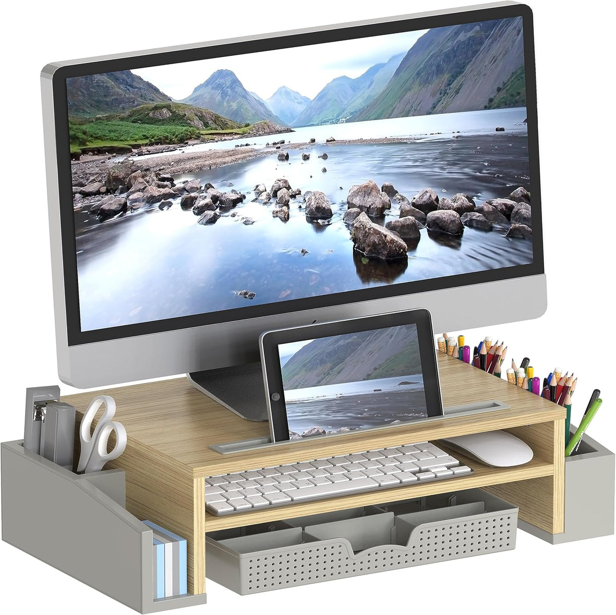Desk Monitor Stand Riser w/ Adjustable Tray, Oak