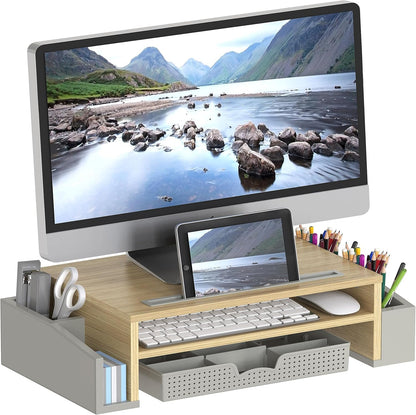 Desk Monitor Stand Riser w/ Adjustable Tray, Oak