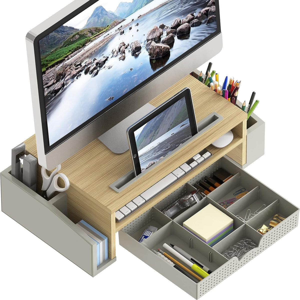 Desk Monitor Stand Riser w/ Adjustable Tray, Oak