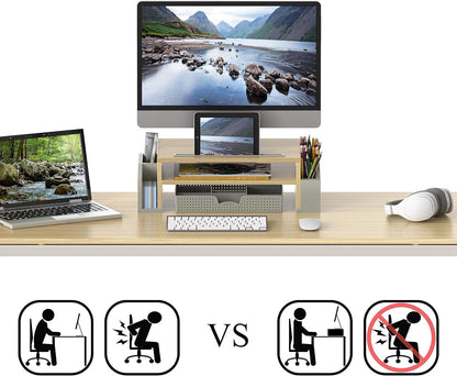 Desk Monitor Stand Riser w/ Adjustable Tray, Oak