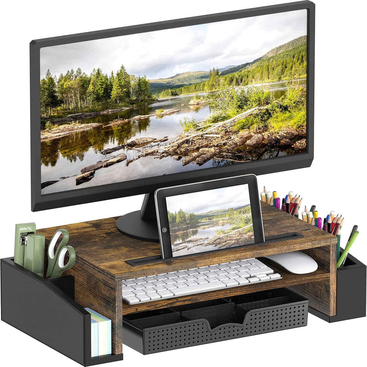 Desk Monitor Stand Riser w/ Adjustable Tray, Oak