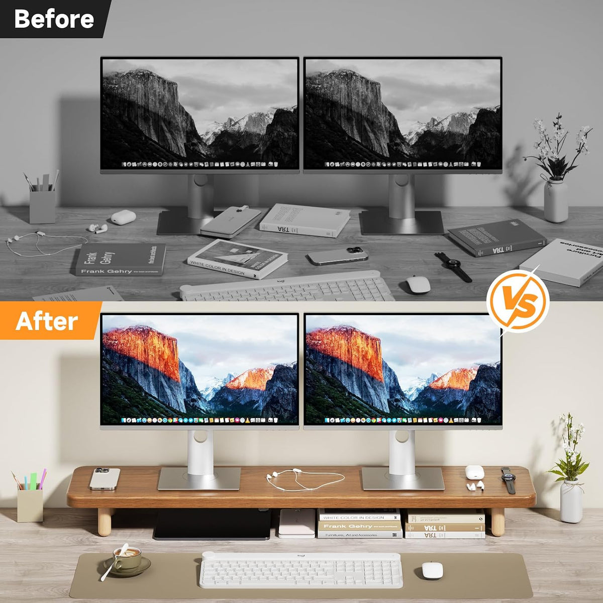 Dual Monitor Stand Riser, 39 Inch Extra Long Wooden Desktop Monitor Riser with Storage for 2 Monitors Ultra Strong Desk Shelf Organizer Riser Ergonomic for 2 Screens/Laptop/PC/TV/Printer (Walut brown, 39inches)