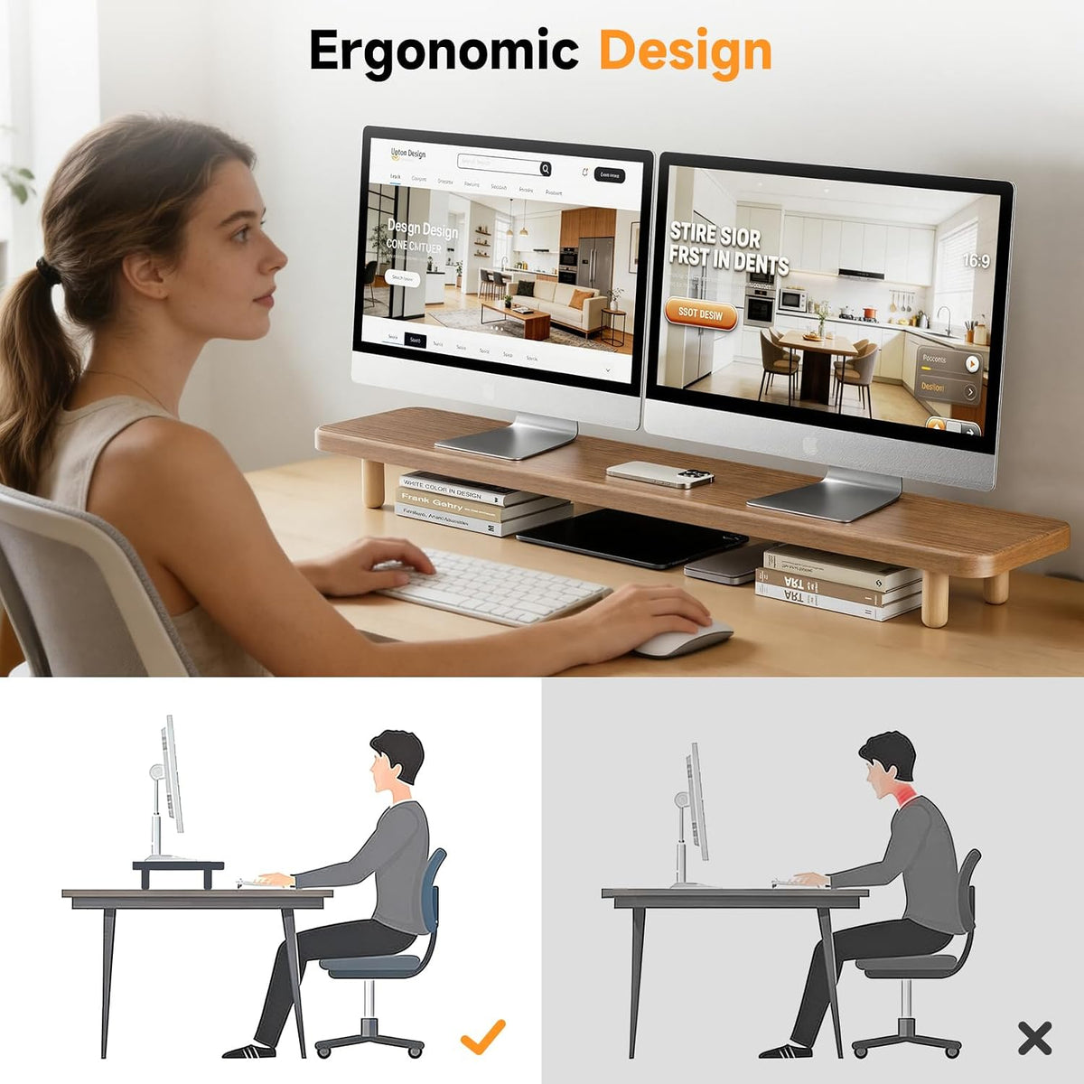 Dual Monitor Stand Riser, 39 Inch Extra Long Wooden Desktop Monitor Riser with Storage for 2 Monitors Ultra Strong Desk Shelf Organizer Riser Ergonomic for 2 Screens/Laptop/PC/TV/Printer (Walut brown, 39inches)