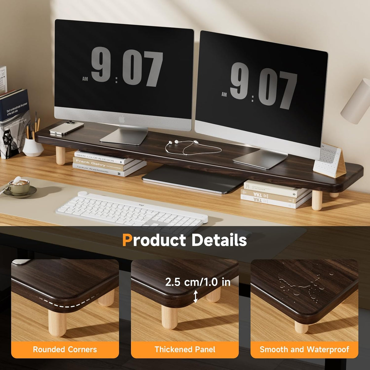 Dual Monitor Stand Riser, 39 Inch Extra Long Wooden Desktop Monitor Riser with Storage for 2 Monitors Ultra Strong Desk Shelf Organizer Riser Ergonomic for 2 Screens/Laptop/PC/TV/Printer (Walut brown, 39inches)
