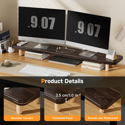 Dual Monitor Stand Riser, 39 Inch Extra Long Wooden Desktop Monitor Riser with Storage for 2 Monitors Ultra Strong Desk Shelf Organizer Riser Ergonomic for 2 Screens/Laptop/PC/TV/Printer (Walut brown, 39inches)