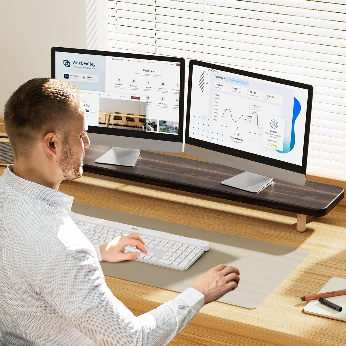Dual Monitor Stand Riser, 39 Inch Extra Long Wooden Desktop Monitor Riser with Storage for 2 Monitors Ultra Strong Desk Shelf Organizer Riser Ergonomic for 2 Screens/Laptop/PC/TV/Printer (Walut brown, 39inches)