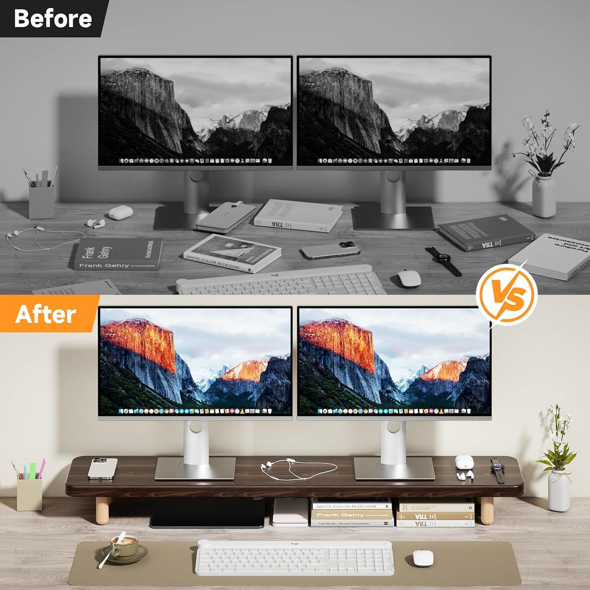 Dual Monitor Stand Riser, 39 Inch Extra Long Wooden Desktop Monitor Riser with Storage for 2 Monitors Ultra Strong Desk Shelf Organizer Riser Ergonomic for 2 Screens/Laptop/PC/TV/Printer (Walut brown, 39inches)