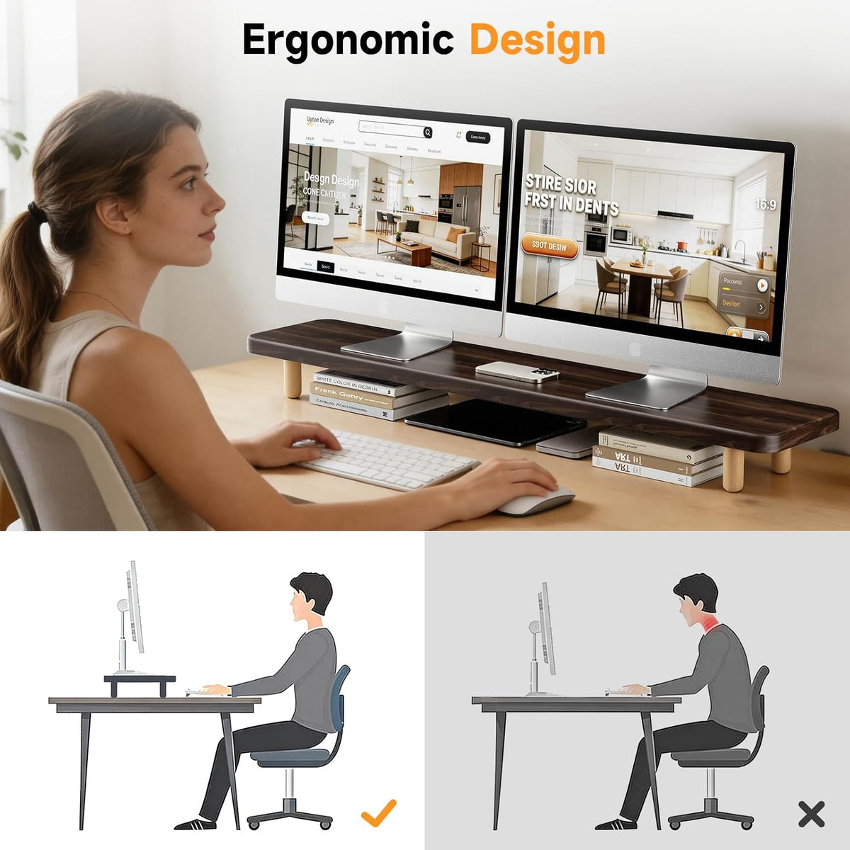 Dual Monitor Stand Riser, 39 Inch Extra Long Wooden Desktop Monitor Riser with Storage for 2 Monitors Ultra Strong Desk Shelf Organizer Riser Ergonomic for 2 Screens/Laptop/PC/TV/Printer (Walut brown, 39inches)